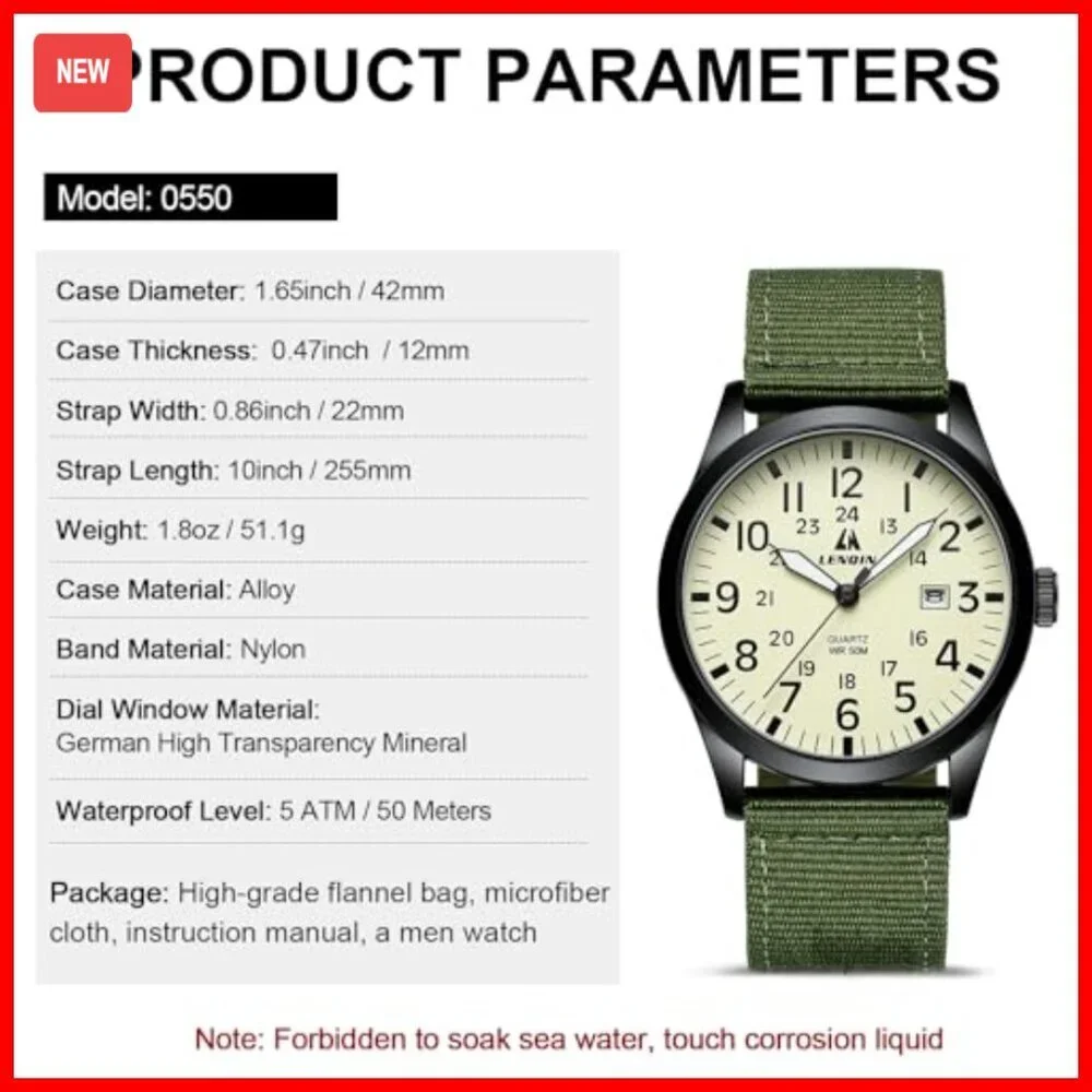 Men's Military Analog Watch, Nylon Strap, Waterproof, Luminous Dial, 42mm